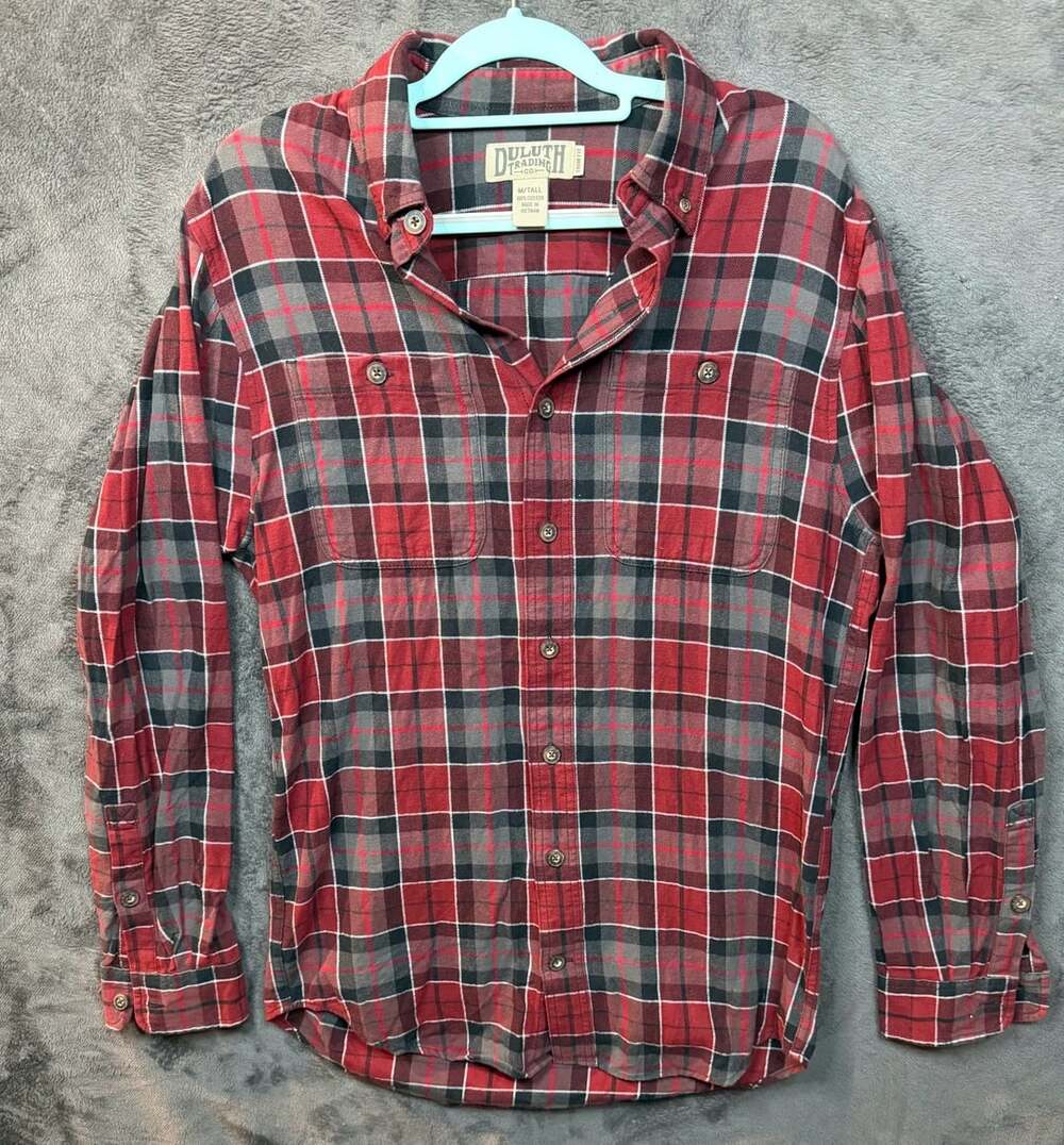 Duluth Trading Co Plaid Flannel Shirt Size M/Tall Red Trim Fit